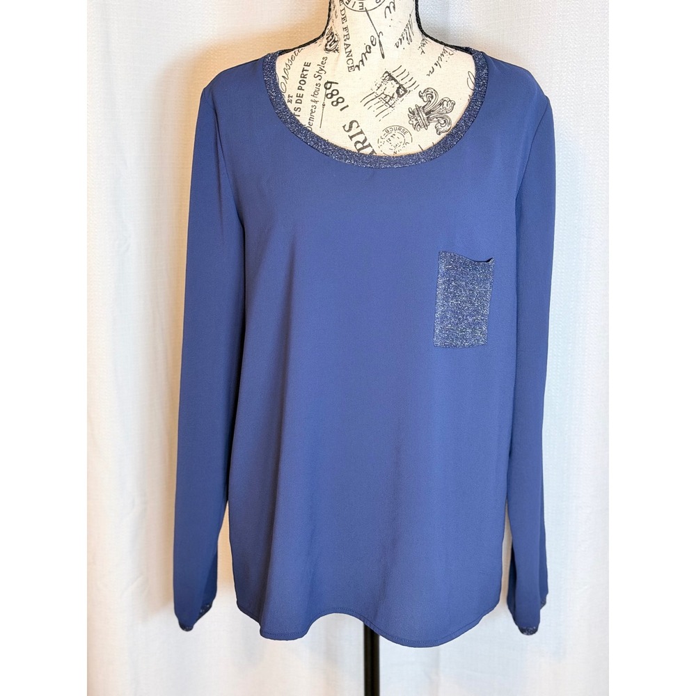 Promod Long Sleeve Top Office Siren Blue Metallic Trim Size 12